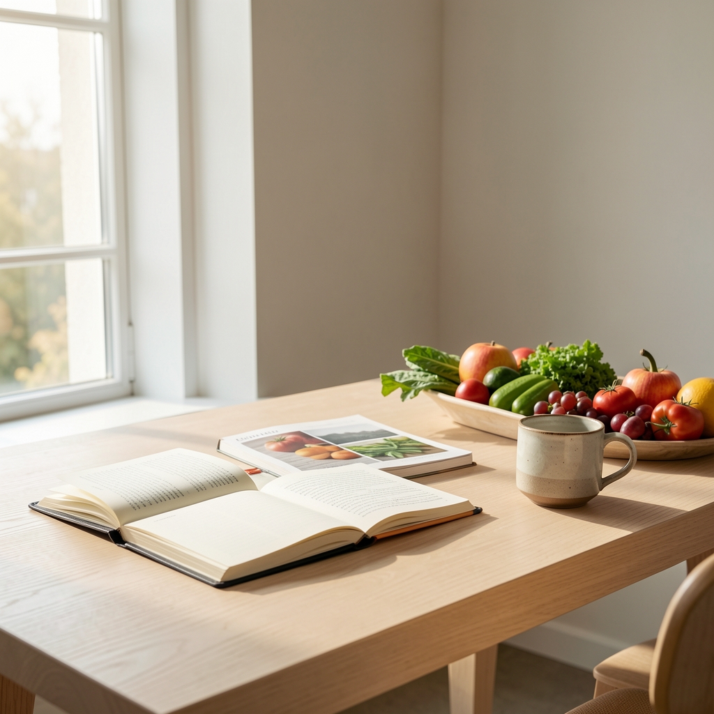 Editorial workspace with open notebooks, seasonal produce references and a ceramic coffee cup on a pale wood desk, morning light through a tall window