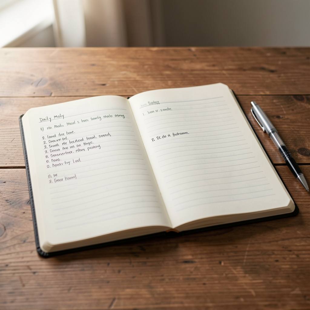Open notebook with handwritten daily meal log entries on a wooden desk, pen resting at the side, soft daylight from the left