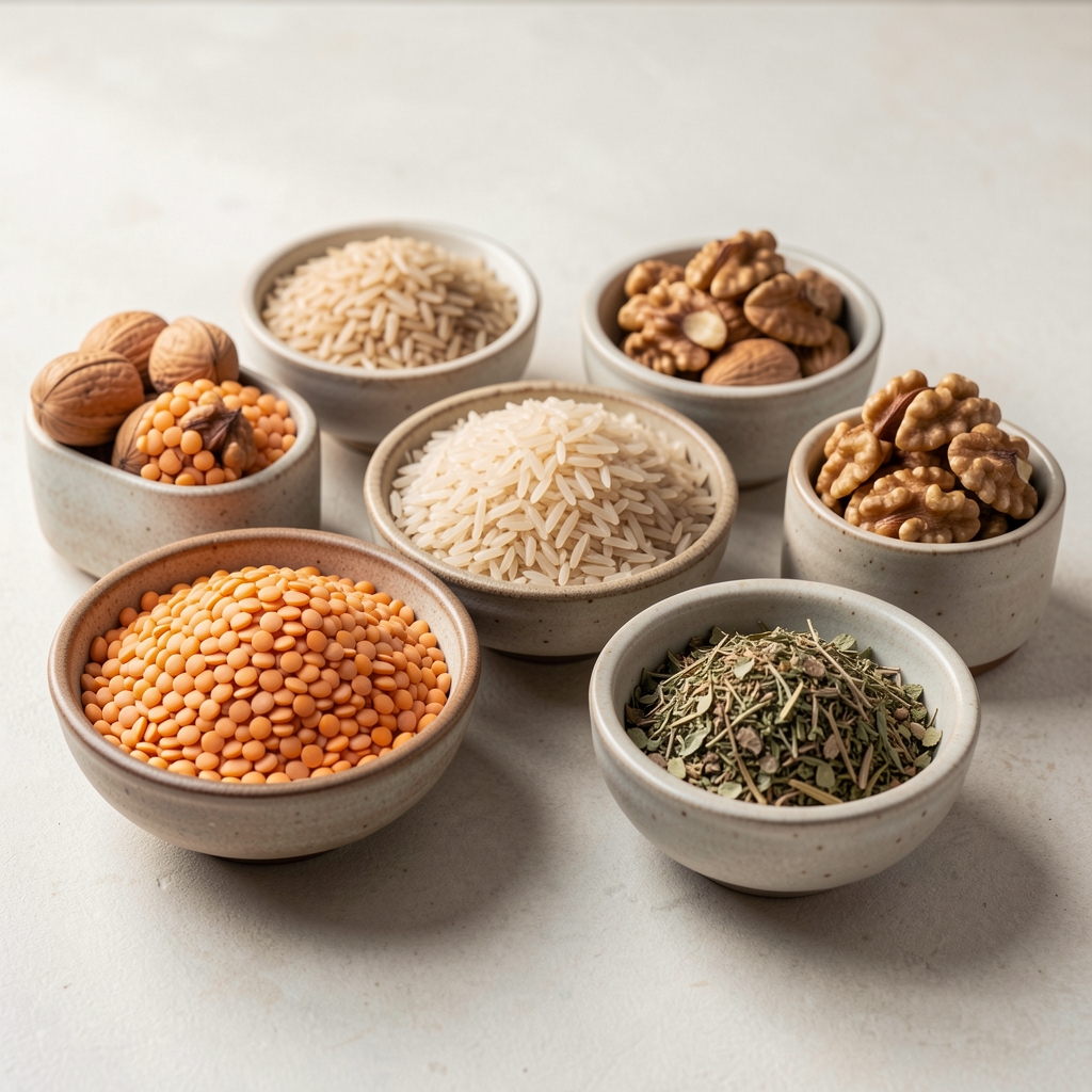 Assorted whole foods including lentils, brown rice, walnuts and dried herbs arranged in small ceramic bowls on a pale surface