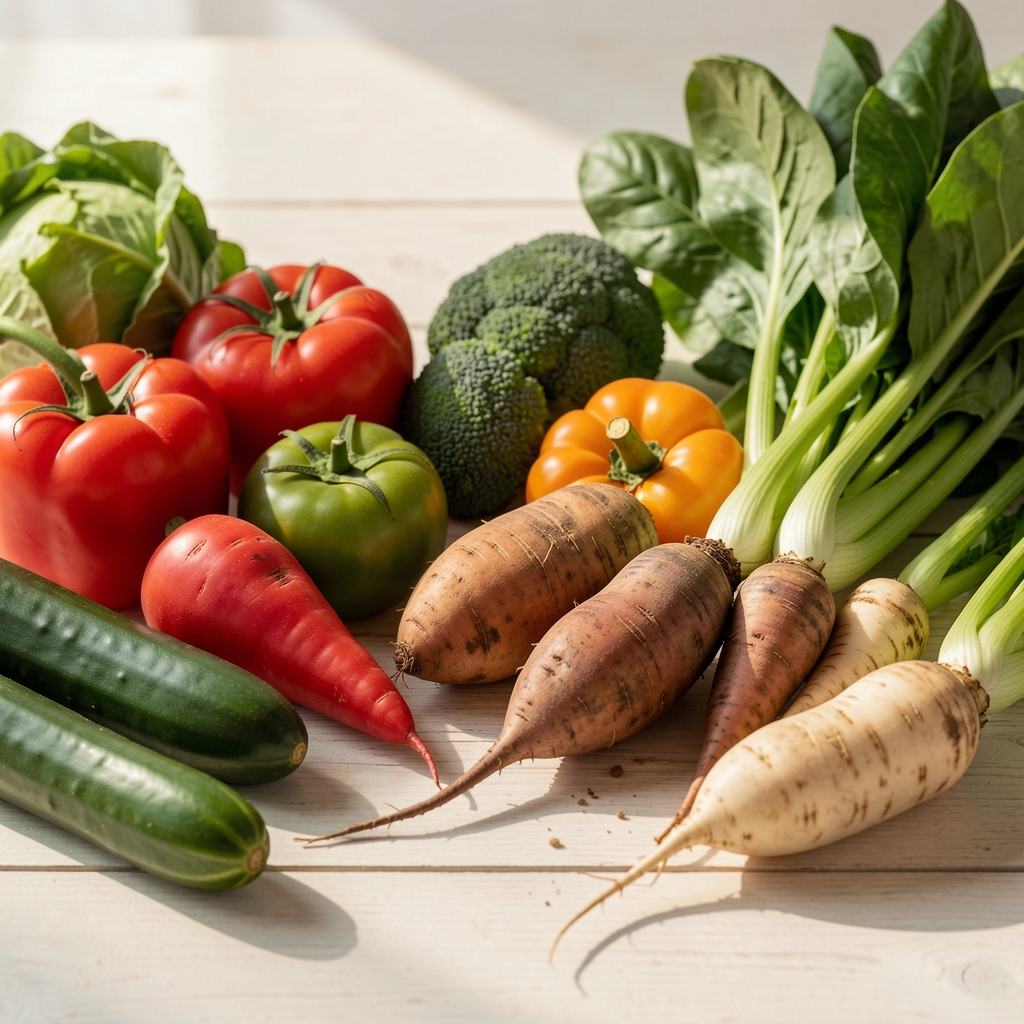 Seasonal vegetables and root produce arranged on a pale wooden surface, morning light, editorial composition