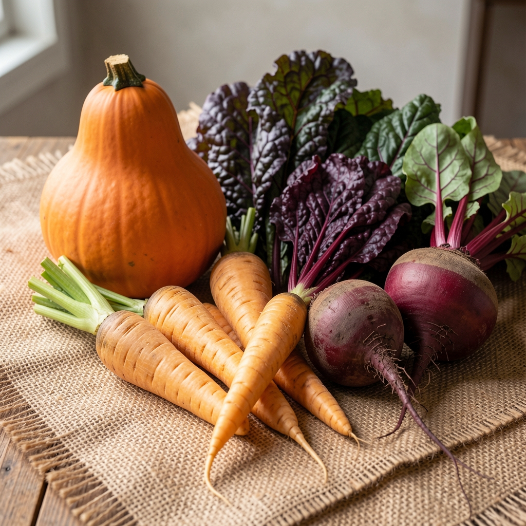 Variety of autumn vegetables including butternut squash, parsnips, purple kale and beetroot arranged on a hessian cloth, natural light