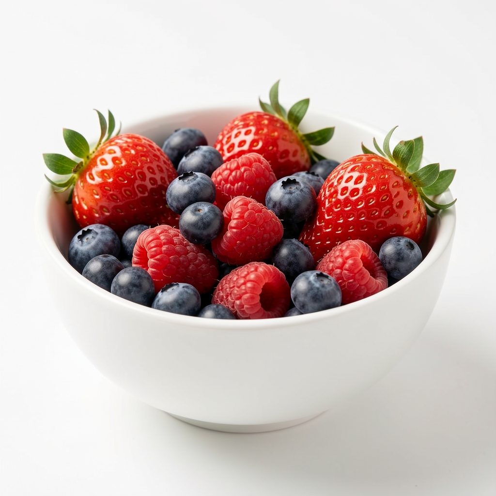 Bowl of fresh summer berries including strawberries, blueberries and raspberries in a white ceramic bowl, clean background, soft light