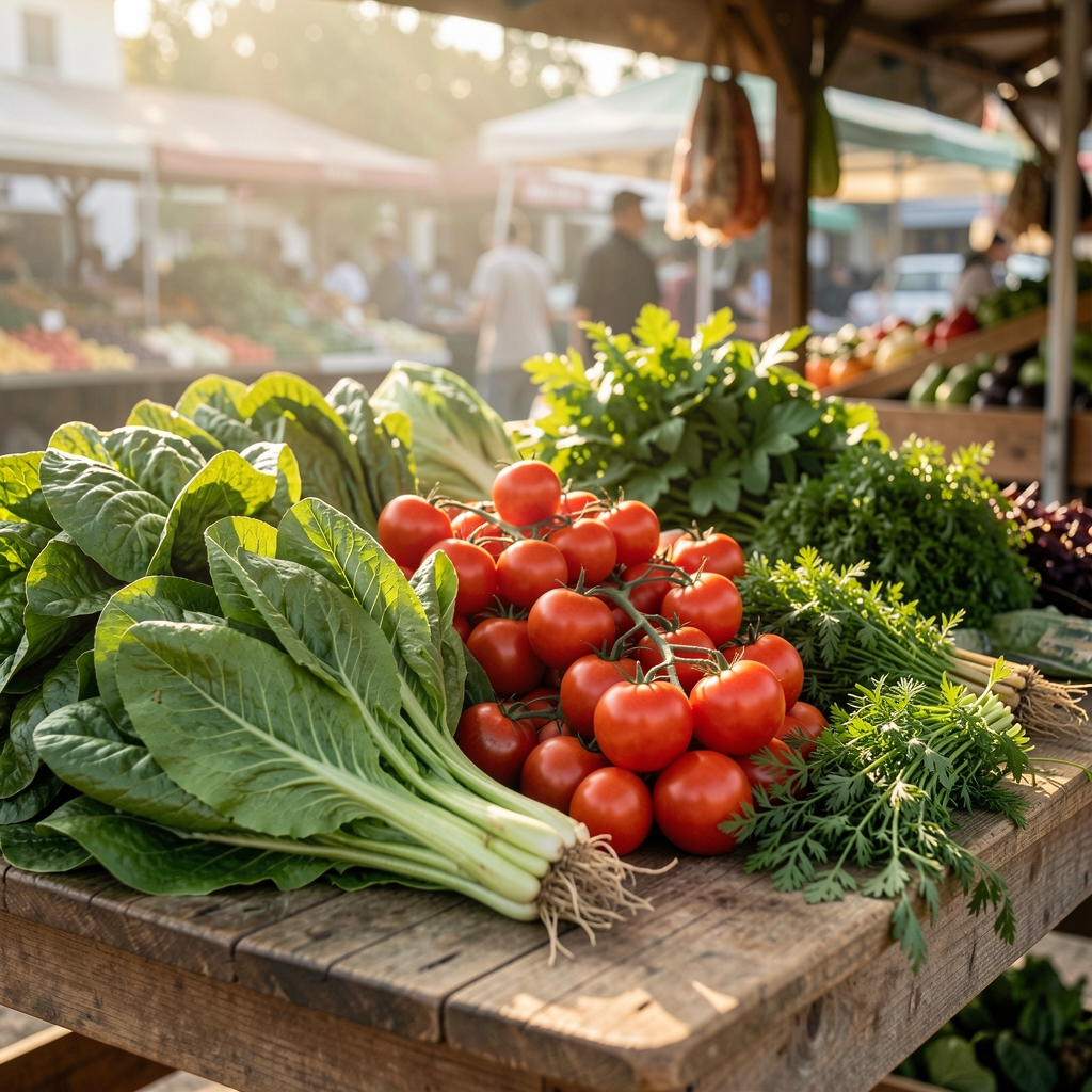 Fresh market produce including leafy greens, tomatoes and herbs displayed on a wooden table, early morning light
