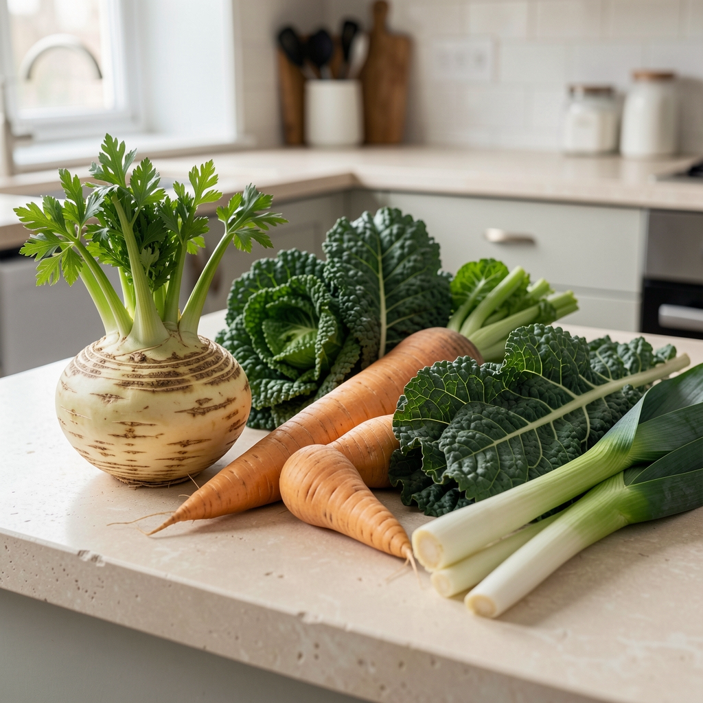Selection of winter seasonal vegetables including celeriac, parsnips, kale and leeks arranged on a pale stone kitchen counter under diffused natural light