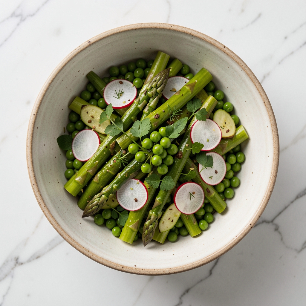 Plant-based spring bowl with asparagus, peas, radish and herbs in a wide ceramic dish, photographed from above on a white marble surface