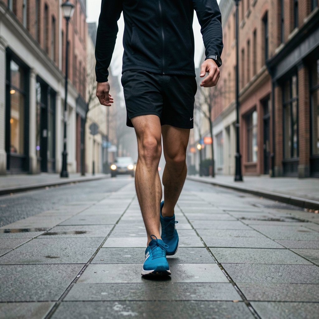 Person walking on a quiet city pavement in early morning wearing running shoes, overcast light, street level view