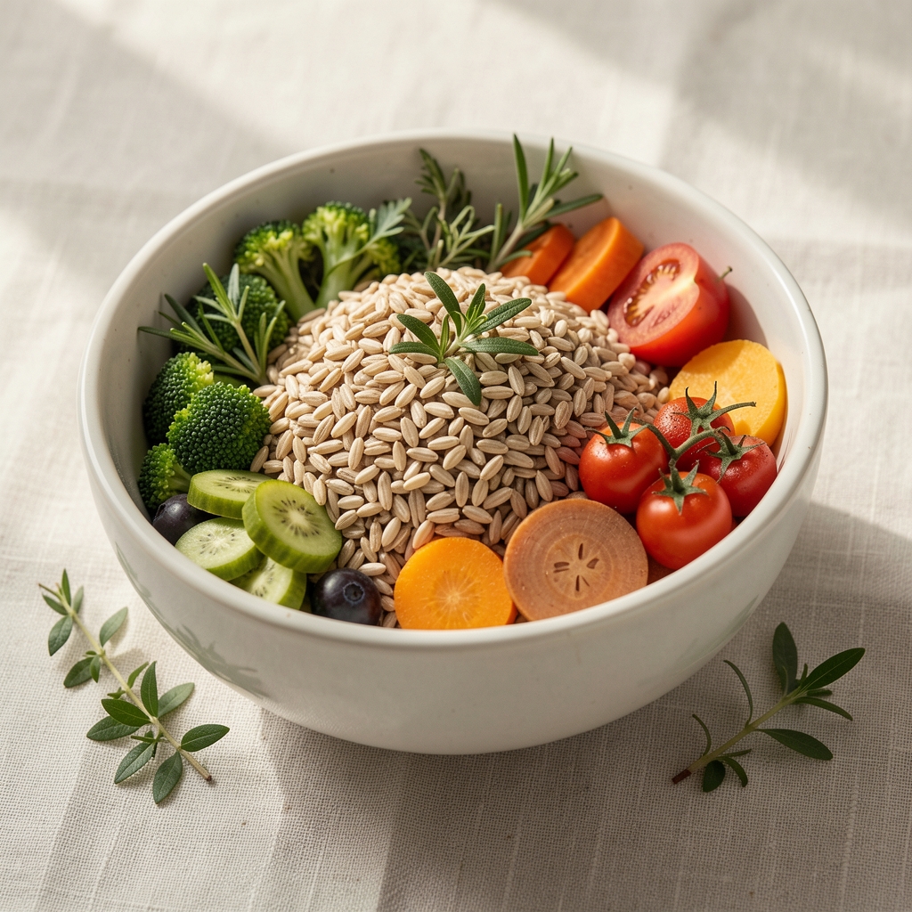 Bowl of whole grains, seasonal vegetables and herbs arranged in natural light on a pale linen surface, editorial composition